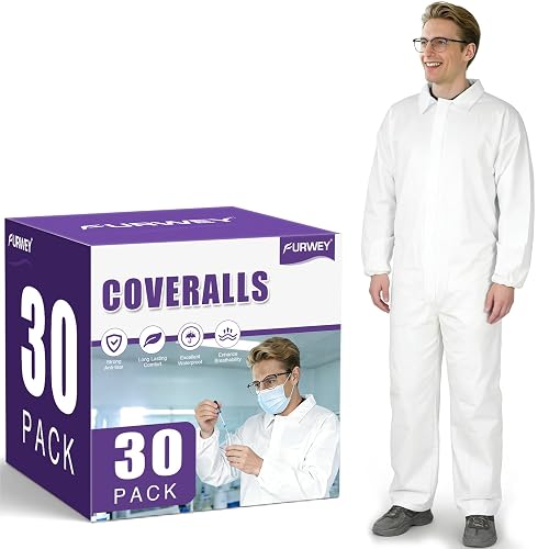 FURWEY Hazmat Suits 30P Disposable Non-Hooded Protective Coveralls 4 Sizes | Full body protection, elastic wrists and ankles, for men and women, for painting work, lightweight, breathable, non-hooded