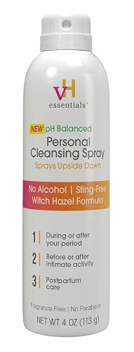 vH Essentials Personal Cleansing Spray, pH Balanced,  4 fl oz | Lactic Acid, Peppermint, Witch Hazel Formula, Sting-Free, Fragrance-Free, Paraben-Free, Sprays Upside Down