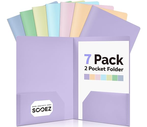 Sooez 7 Pack Folders with Pockets, Pastels Colors, Heavy Duty Pocket Folder | Plastic Folders with Pockets, Two Pocket Folder Bulk, Aesthetic File Folder, Back to School Office Filing Supplies