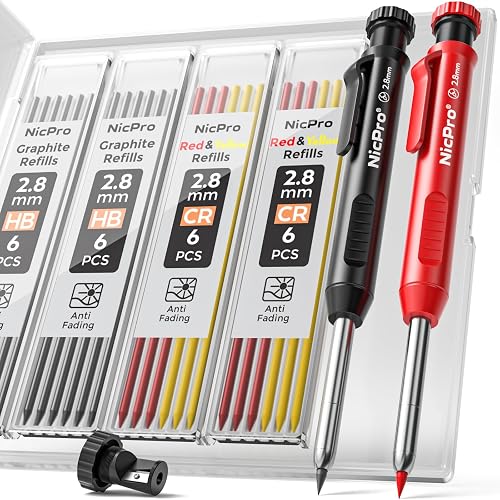 Nicpro Carpenter Pencils with Sharpener, Mechanical Pencil for Construction | Deep Hole Construction Pencil+26 Refill, Heavy Duty Woodworking Tools for Architect,Carpentry, Electrician (Black,Red)-w/Case