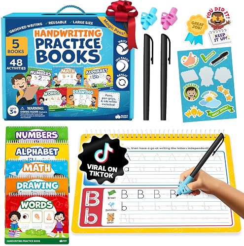 Grooved Writing Books for Kids 3-5 - Magic Grooved Writing Practice | Reusable Handwriting Books, Gifts for 4 & 5 Year Old Kids with Disappearing Ink Pens - Learning Toys for 4 Year Old Boys