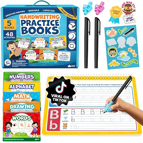 Magic Grooved Writing Practice Books & Kindergarten Workbooks Ages 3-7 | Reusable Handwriting Practice Workbooks with Disappearing Magic Ink Pens for Preschool Learning - Gifts for Kids