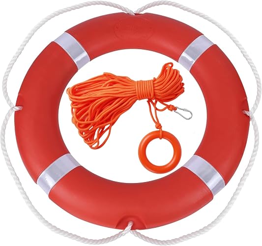 Life Ring Buoy Boat Safety Life Preserver Ring Throwable Flotation Device | with 98.4FT Floating Lifesaving Rope HDPE Shell Reflective Tape for Boat Dock Pool Lake Marine Emergency Rescue，23/28inch Red