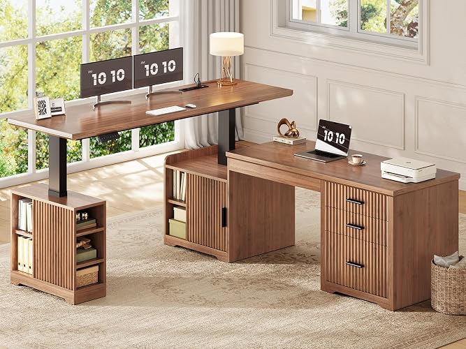 SEDETA Farmhouse L Shaped Standing Desk with Storage for Home Office, Brown | 63" x 67" Height Adjustable Executive Desk, L Shaped Desk, Computer Desks with Power Outlet