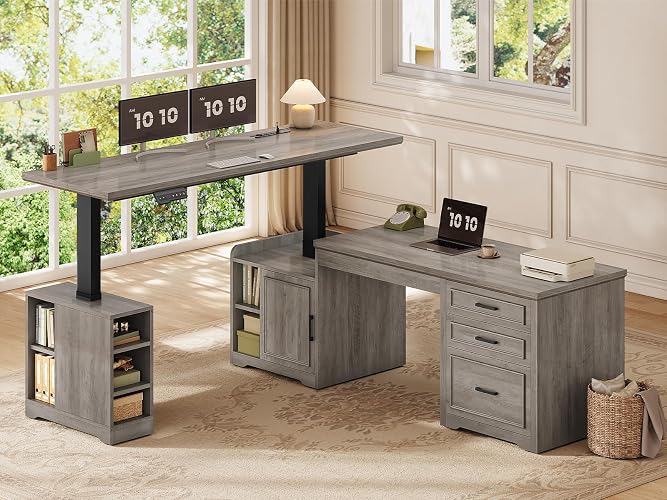 SEDETA Farmhouse L Shaped Standing Desk with Storage for Home Office (Grey) | 63" x 67" Height Adjustable Desk, Convertible L Shaped Desk or 2 person Desk, Computer Desks with Power Outlet